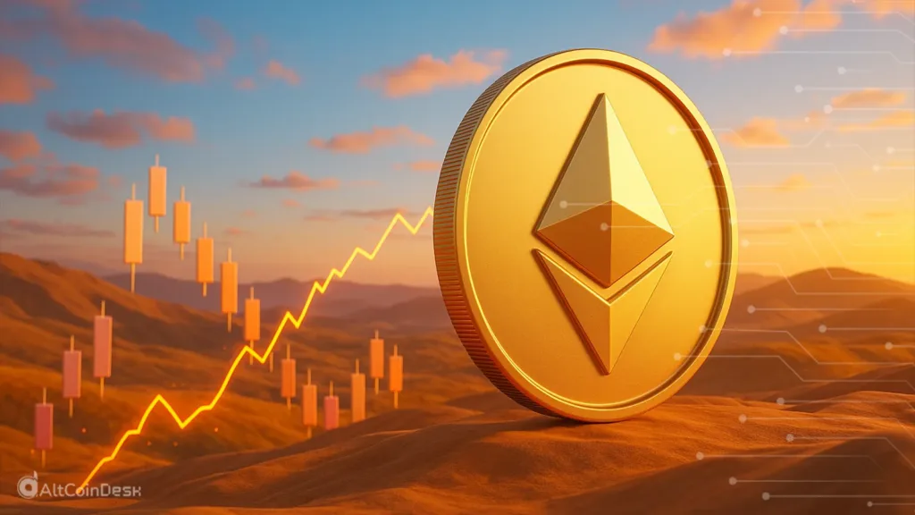 Ethereum liquidations illustrated with a rising ETH coin and market chart.