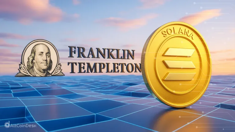 Solana ETF concept image with a Solana coin beside the Franklin Templeton logo.