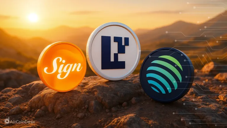 “Concept image for fresh tokens coming, showing SIGN, EIGEN, and JUP tokens on a rocky landscape at sunset.
