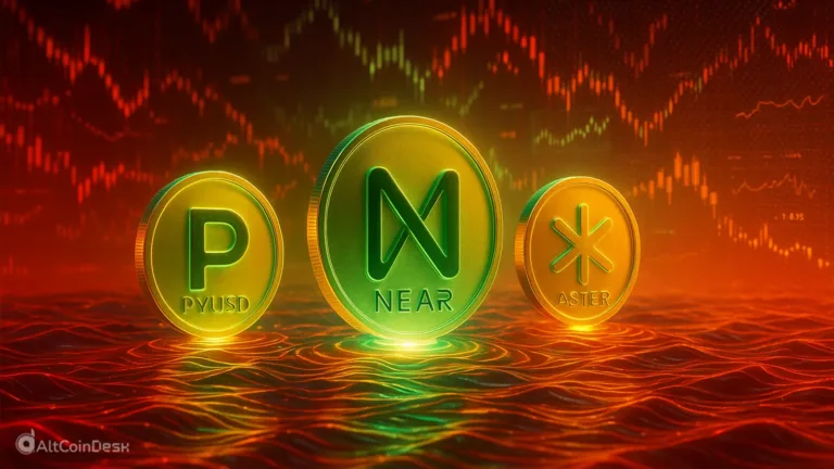 Gold coins of PYUSD, NEAR, and Aster glowing against a red crypto market chart, symbolizing resilience amid market decline