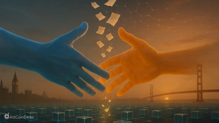 Two digital hands symbolizing the Coinbase BVNK deal, representing blockchain connection and fintech collaboration.