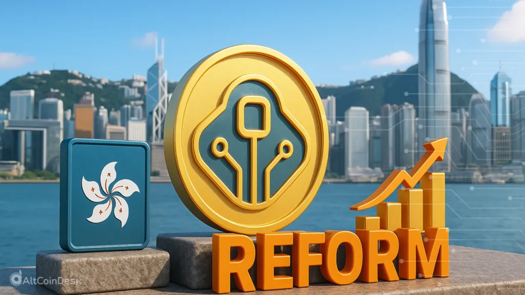 Hong Kong SFC crypto reform symbol with city skyline background