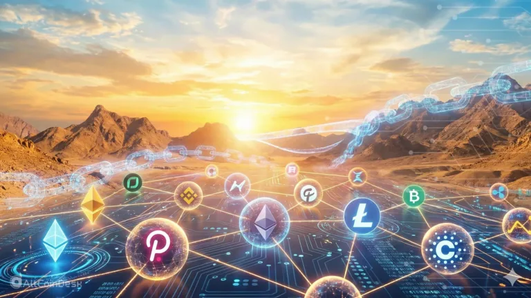 A digital landscape showing blockchain networks and various crypto logos connected across a virtual grid, symbolizing a diversified altcoin portfolio.