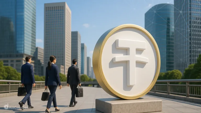 Business people walking past a large yen-stablecoin symbol in Tokyo’s financial district, representing the Japan stablecoin project