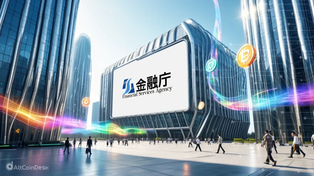 Japan’s FSA building displayed on a large digital screen, with people walking below and crypto symbols floating around the futuristic cityscape.