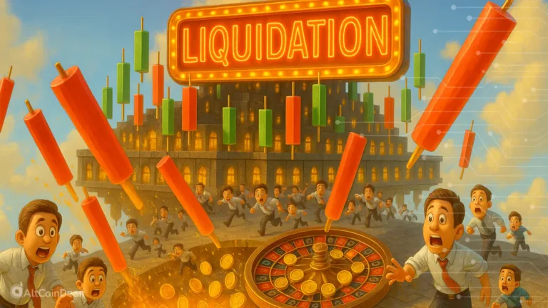 Cartoon scene showing traders panicking during liquidations, symbolizing leverage addiction in the crypto market.