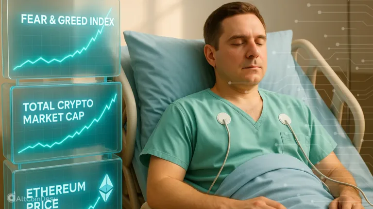 BTC heads to $100K illustrated as rising crypto metrics displayed beside a recovering patient.
