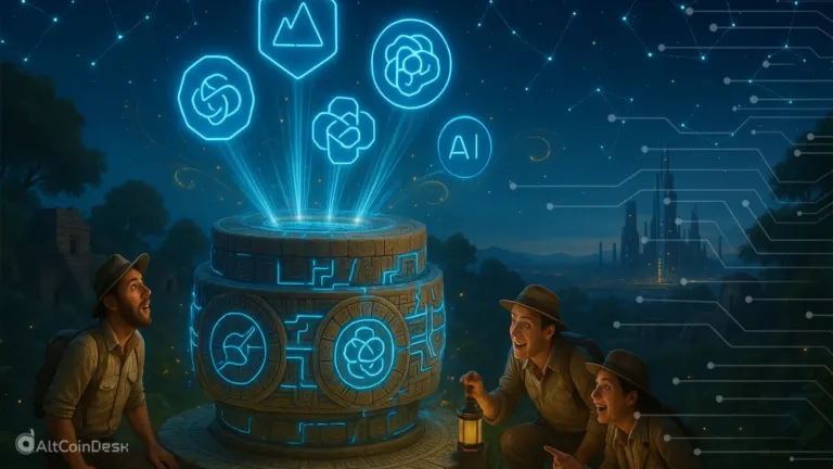 Explorers discovering a glowing Mayan-style device projecting AI token symbols
