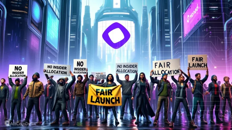 A crowd of the Monad community protesting insider allocation, holding signs calling for fair launch and fair allocation.