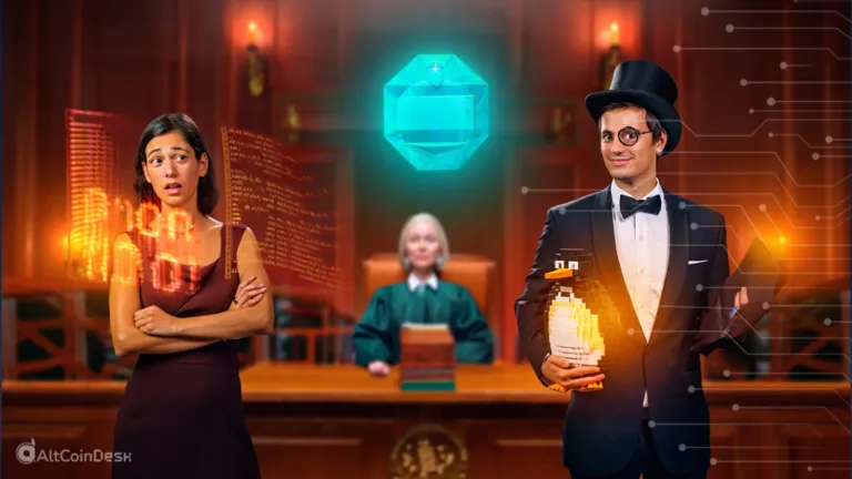 Metaverse divorce illustrated by a couple in a virtual courtroom with digital assets floating between them.