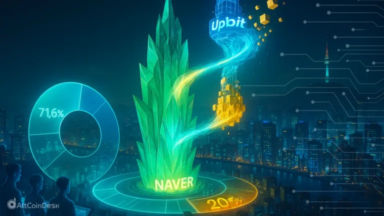 Digital graphic showing Naver merging with Upbit, symbolizing the Naver acquires Upbit deal in a futuristic cityscape.