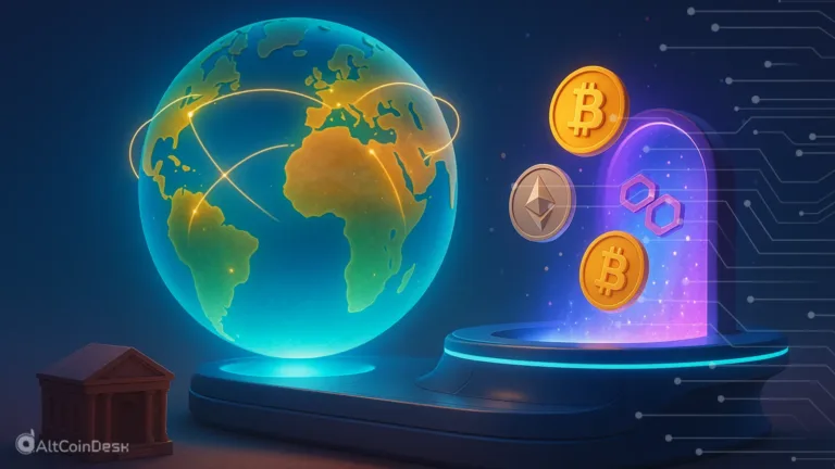 Neobank revolut concept showing global crypto transfers with Bitcoin and Ethereum moving through a digital portal