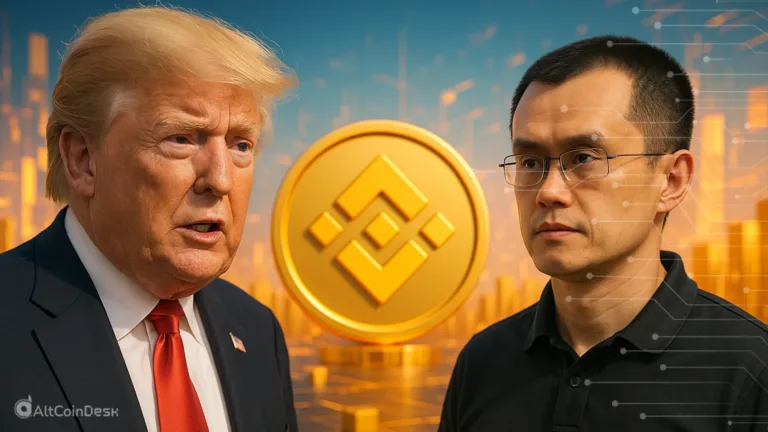 Trump with Binance founder Changpeng Zhao in front of a Binance logo