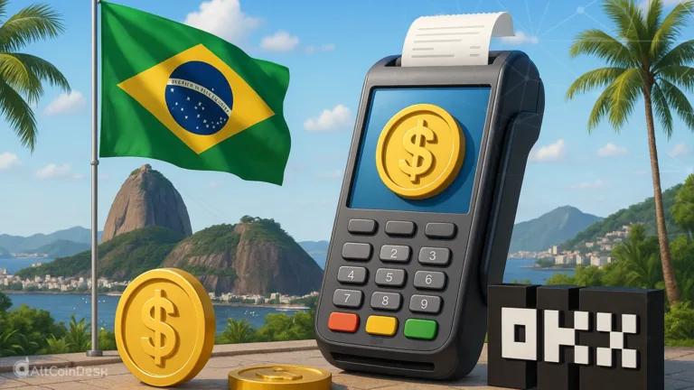 Brazil digital assets and crypto adoption shown through OKX payment terminal and Brazil flag.