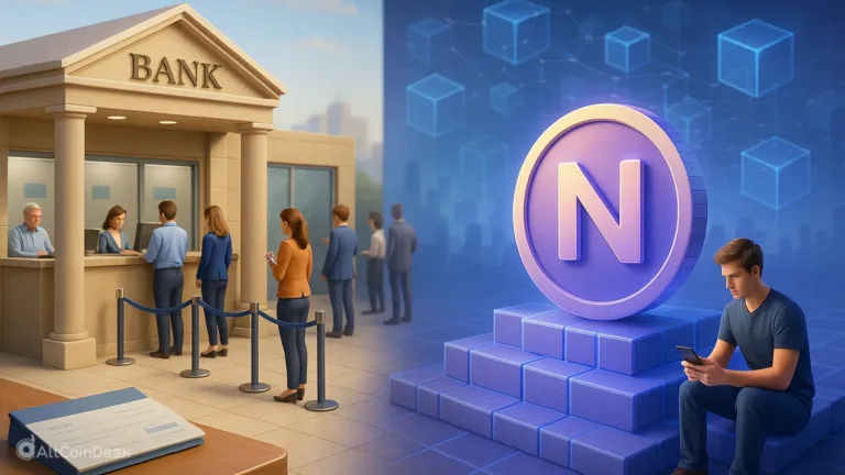 A split image showing a traditional bank on the left and a person using a smartphone in a digital space representing blockchain neobanks on the right.