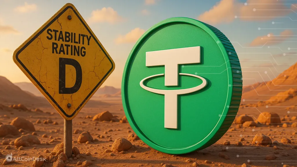 S&P downgrades USDT sign shown beside a Tether coin in a desert setting.