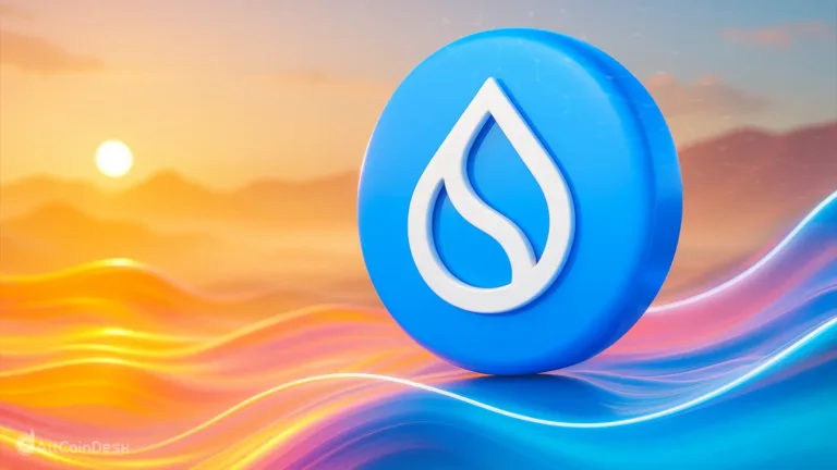 Illustration of the SUI token with colorful waves, symbolizing the SUI touches trendline setup.