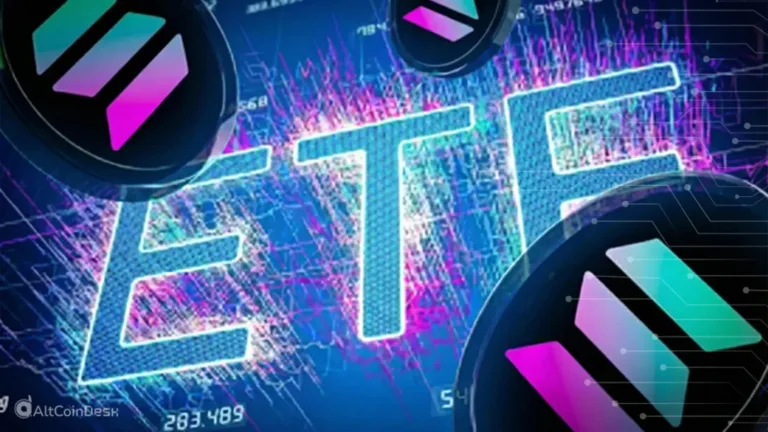 Solana tokens surrounding a glowing ETF graphic, illustrating market pressure as Solana closes in on 7-month low.