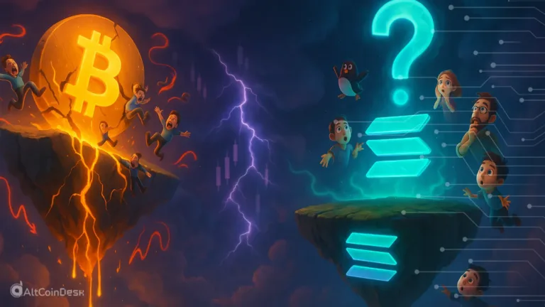 scene showing chaos as Bitcoin drops below $88k while a mysterious Solana announcement symbol glows on the opposite side