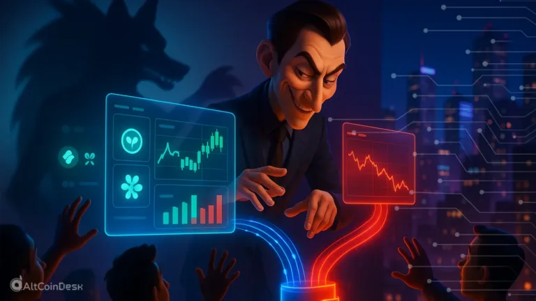 Illustration of a Korean crypto launderer manipulating fake trading screens in a digital scam