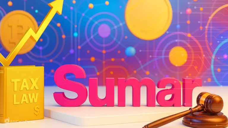 Illustration of Spain crypto tax debate showing Sumar, a tax law book, crypto coins, and a gavel.