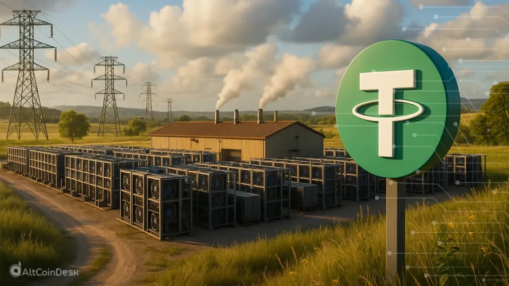 Tether mining operation shutdown showing outdoor mining rigs, power lines, and a Tether logo.