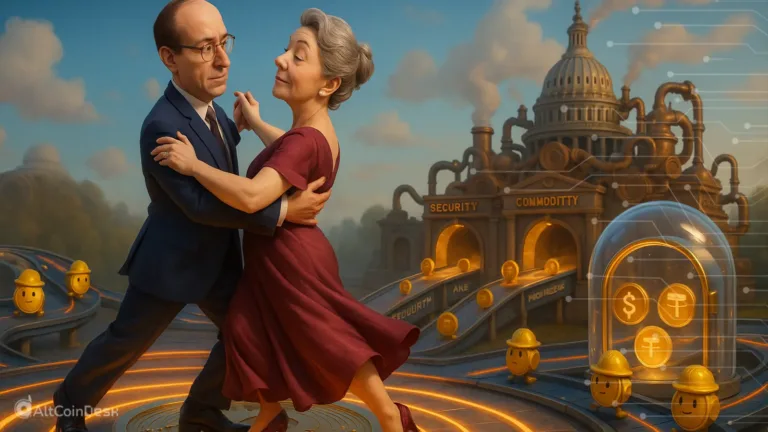 Visual metaphor of U.S. blockchain governance showing two characters dancing in front of a crypto regulation machine.