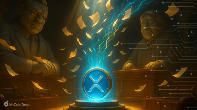 Is XRP a good investment shown as an XRP coin glowing between two judge statues, symbolizing regulatory clarity.