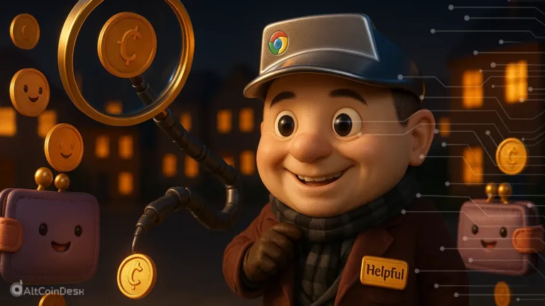 Cartoon figure posing as a helpful tool, symbolizing a malicious Chrome extension stealing crypto coins