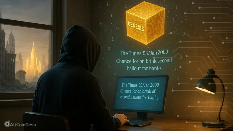 Birth of Bitcoin depicted with Satoshi at a computer showing the Genesis Block message.