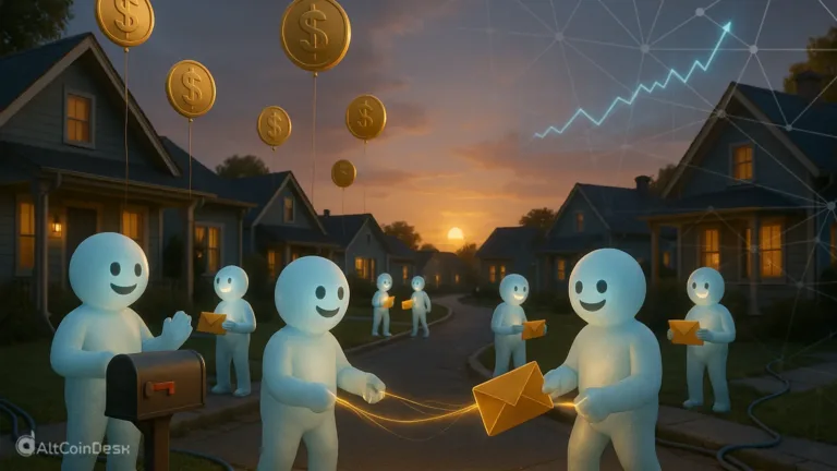 Blockchain nodes illustrated as network participants exchanging value and messages across a decentralized neighborhood