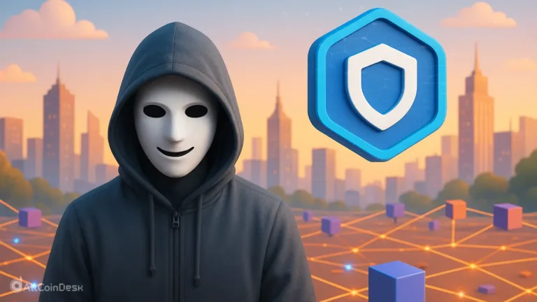 A masked figure in a hoodie representing blockchain anonymity, with a digital security shield and networked blocks in the background.