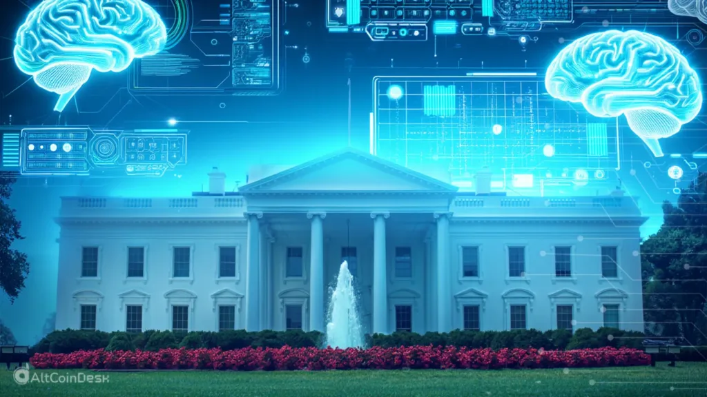 The White House with glowing AI brain graphics above it, representing the Genesis Mission and the U.S. push for advanced AI development