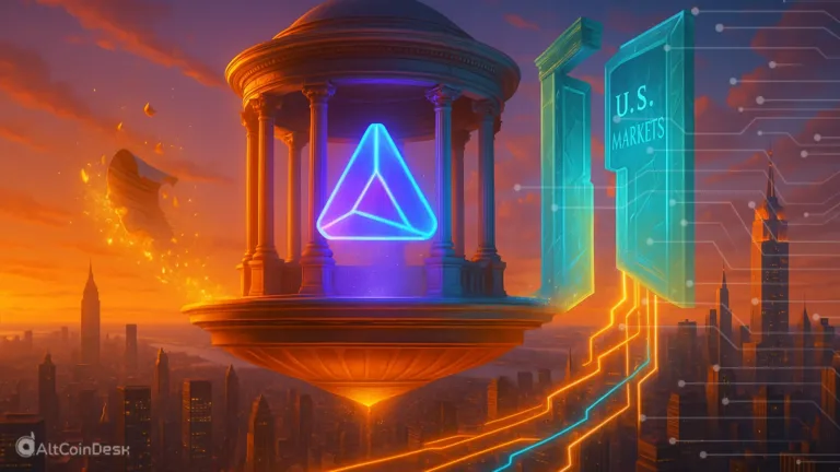 Illustration symbolizing Polymarket returns to US operations with a glowing emblem entering regulated U.S. markets.