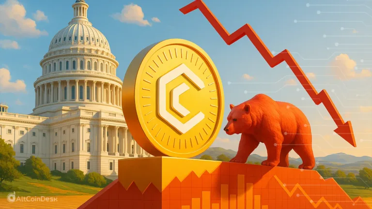 Crypto market turns bearish as the U.S government opens, shown with a Capitol backdrop, a falling chart, and a bear beside a large crypto coin.