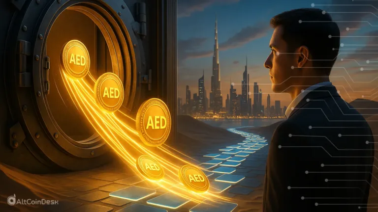 Golden AED stablecoin tokens flowing from a vault toward Dubai’s skyline.