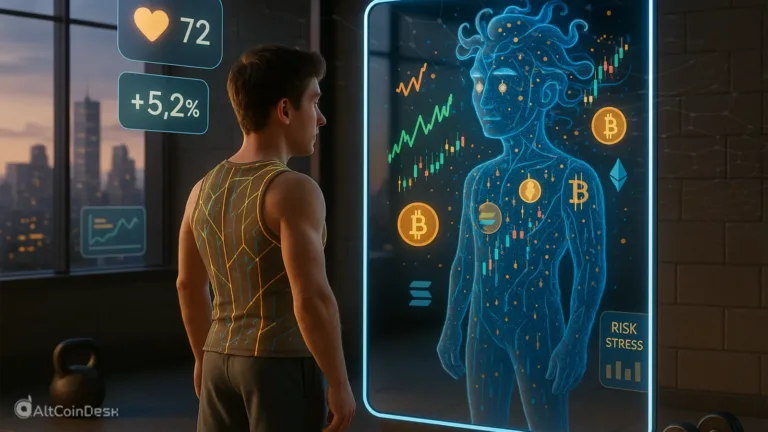 Man viewing crypto portfolio on holographic screen showing DeFi dashboards tracking financial health