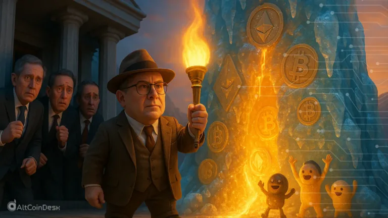 FDIC’s new boss melting an icy crypto wall with a torch as onlookers react