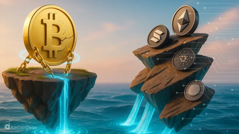 Bitcoin bleeds as a cracked Bitcoin coin sinks while altcoins drop from a separate cliff.