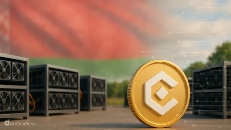 Belarus crypto mining equipment with a digital coin in front of the Belarus flag.