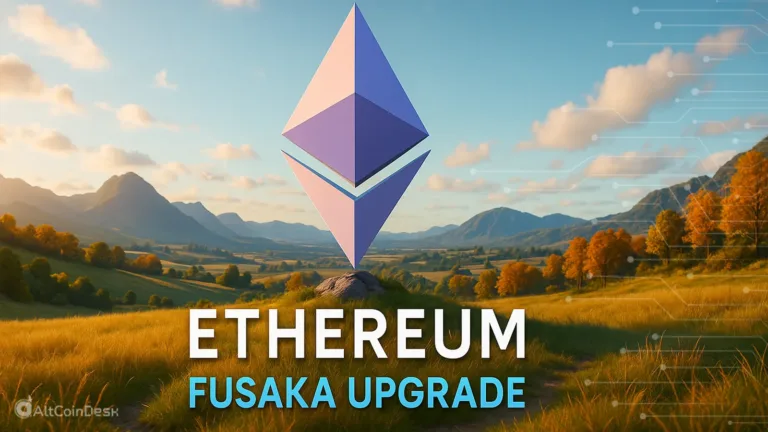 Ethereum logo in a scenic landscape promoting the Ethereum Fusaka upgrade