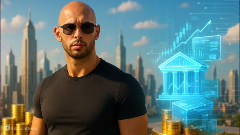Andrew Tate crypto visual showing Tate with digital finance icons and rising market graphics in the background.