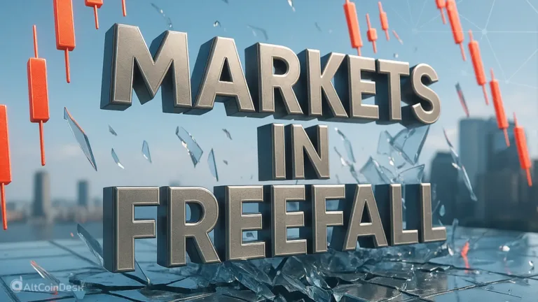 Markets in freefall text shattering through glass with falling candlestick charts.