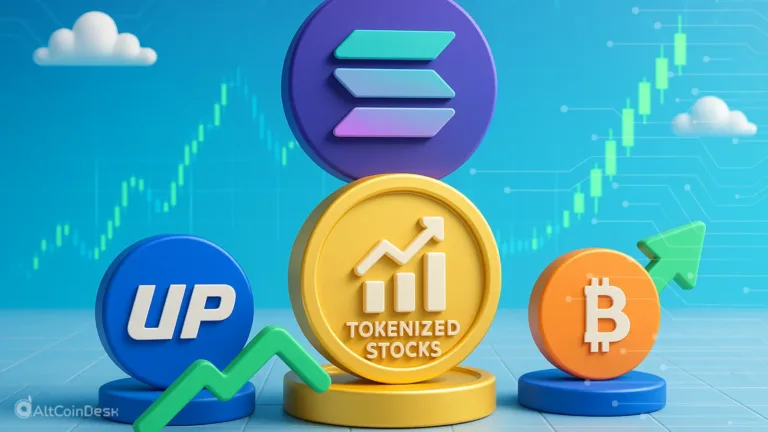 Weekly crypto news illustrated with rising tokenized stocks, Bitcoin, and Solana symbols.