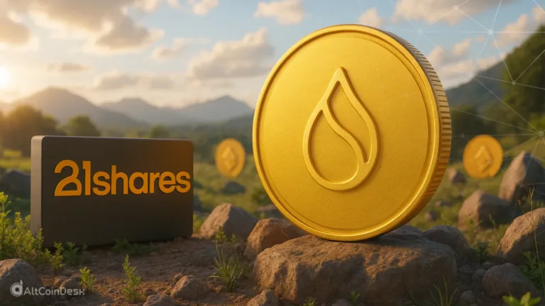 21Shares branding beside a gold SUI coin in a natural landscape, representing the new SUI ETF