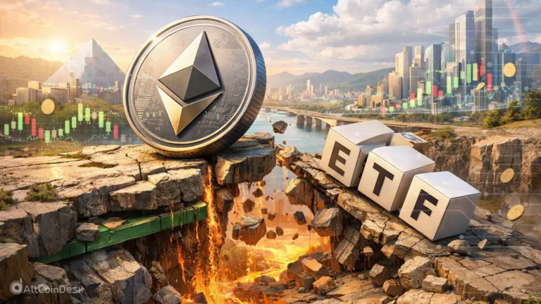 Conceptual art of a giant Ether coin on a crumbling bridge, illustrating over $600M in weekly ETF outflows from Ethereum ETFs as institutional investors reduce risk.