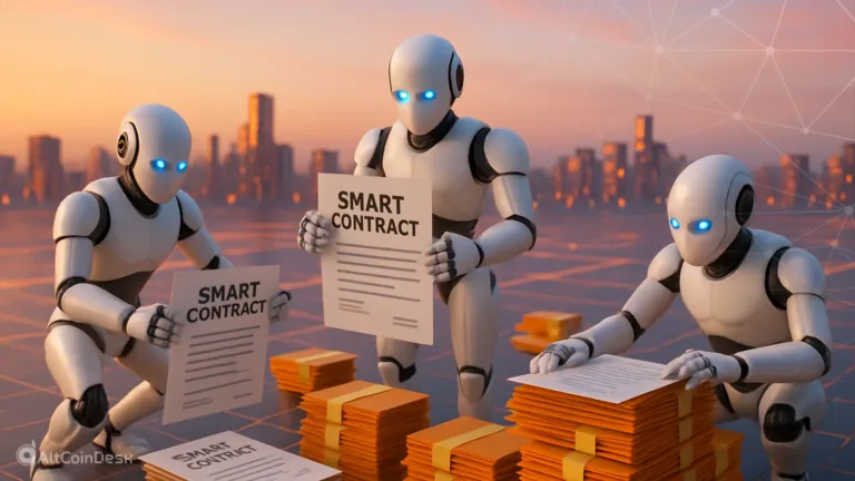 Robots reviewing smart contracts in an illustration of how AI agents exploit smart contracts.