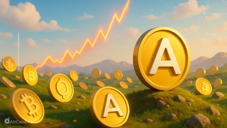 Altcoin season illustrated with rising charts and golden altcoin tokens across a landscape