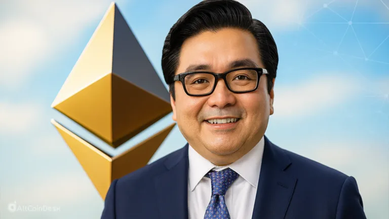 Tom Lee Ethereum prediction shown with Lee beside a large Ethereum symbol.