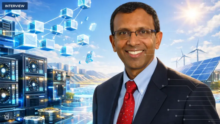 Sanjay Gupta of Auradine set against a backdrop of clean energy and data centers